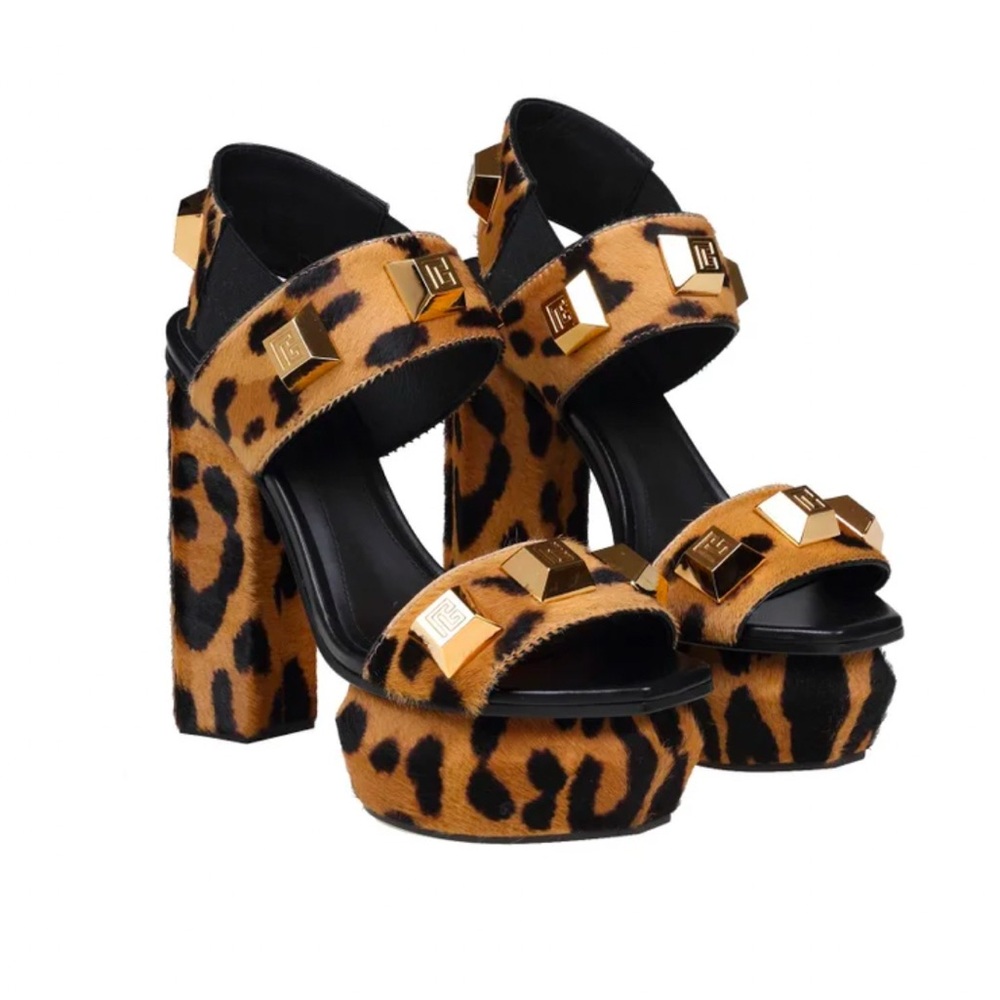 NWT🐆 Balmain Ava Leopard Platform Studded Sandals SIZE 38 Box and Duster